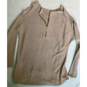 Michael Kors 1/4 Zip Back Tunic Sweater Tight Knit Heavy Beige Classic L Womens